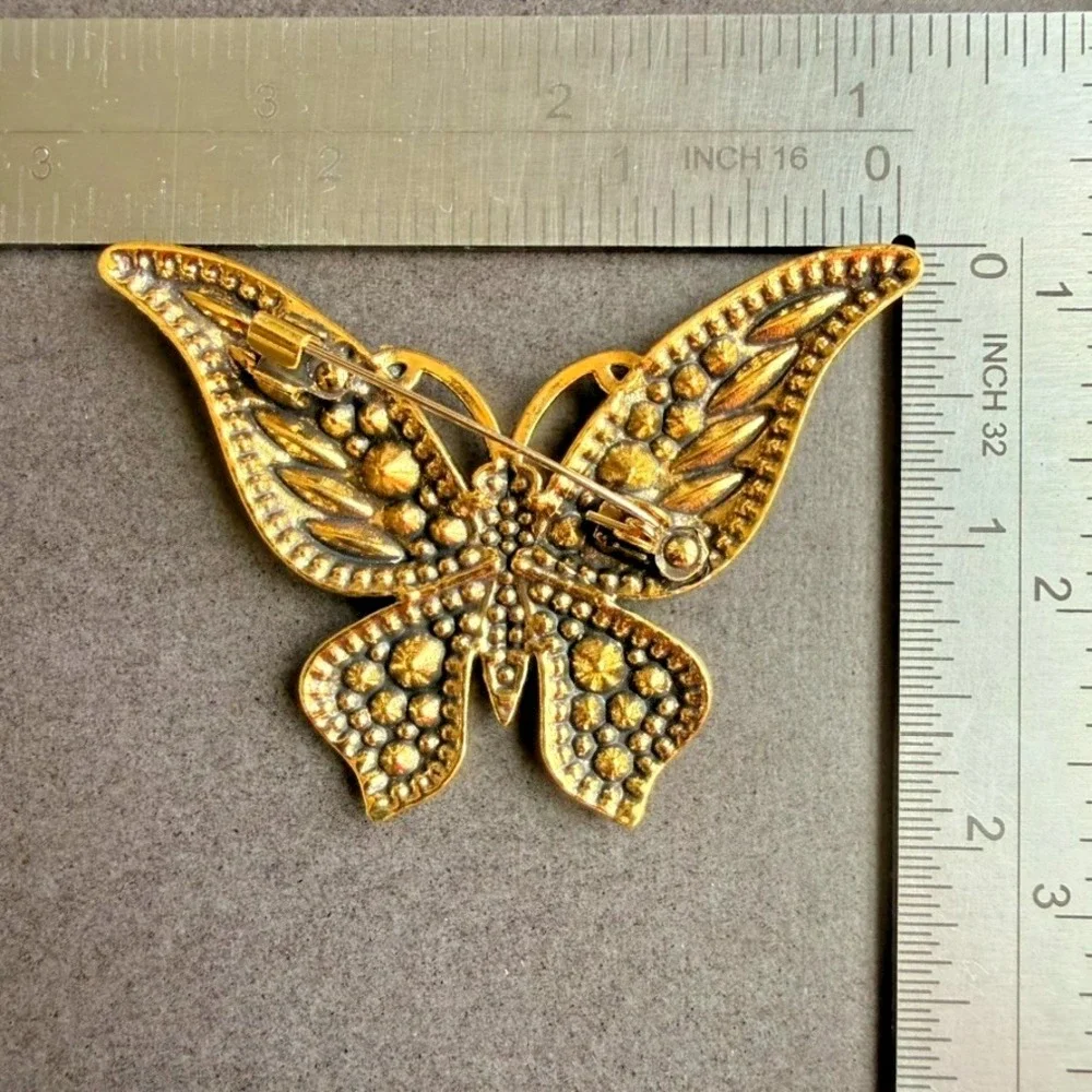 Blue Rhinestone Butterfly Brooch Pin Gold Tone Cobalt Statement Jewelry Gift
